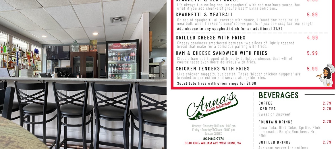 Anna's Italian Restaurant - West Point Menu