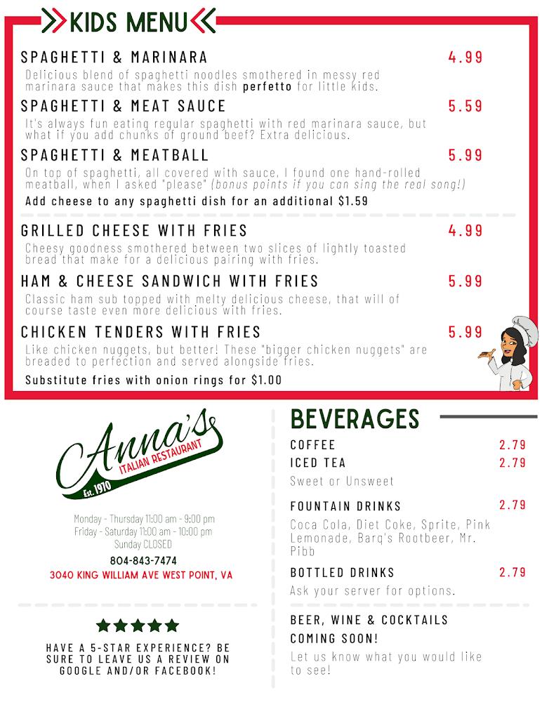 Anna's Italian Restaurant - West Point Menu image 1